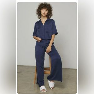 House of Harlow x Revolve matching gold satin set wide leg pants button up top.